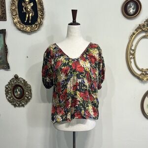 The Great Floral Viscose Blouse V-Neck Puff Sleeve Size 1